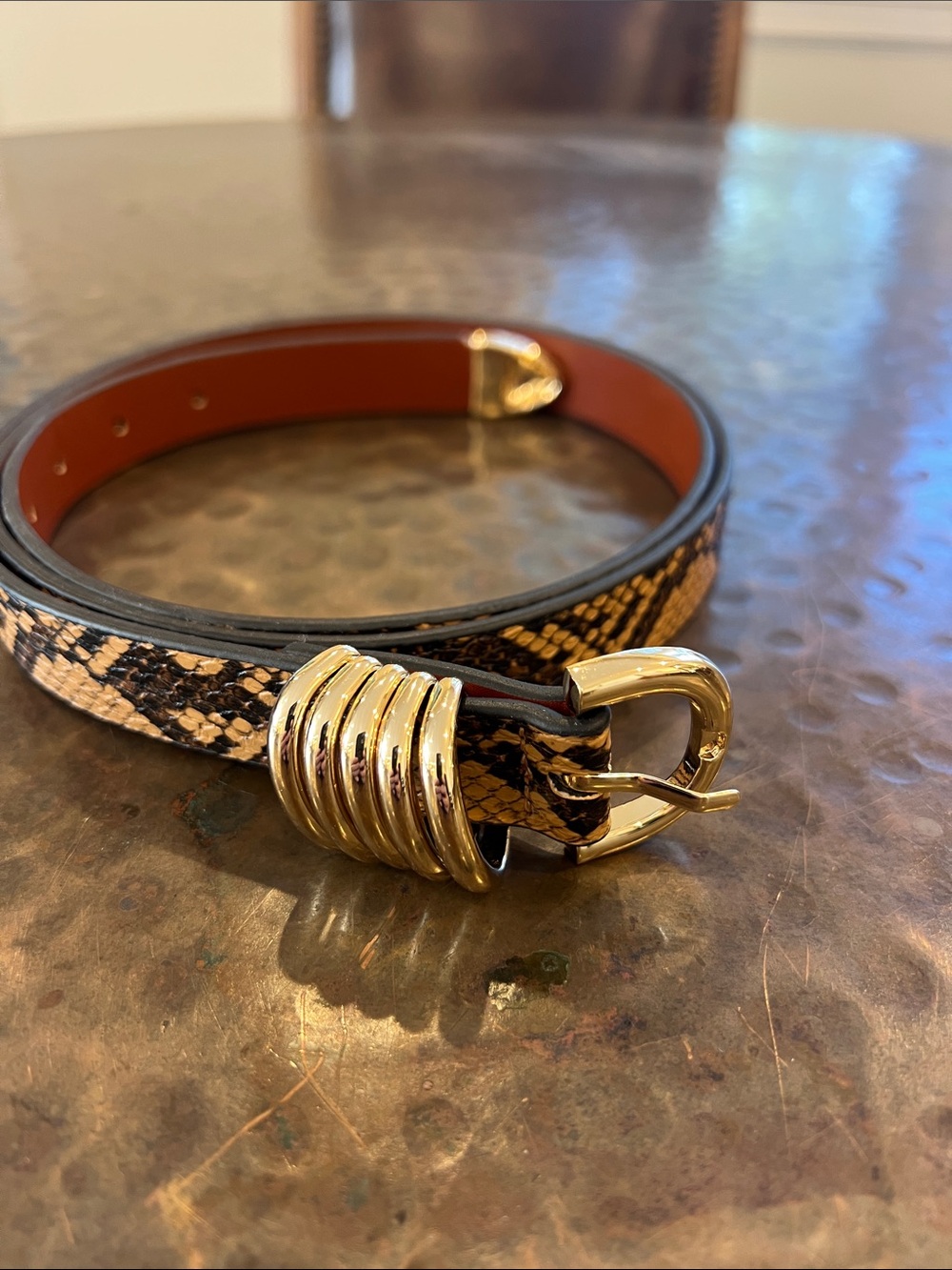 Women’s Snake-Print Belt with Gold Buckle